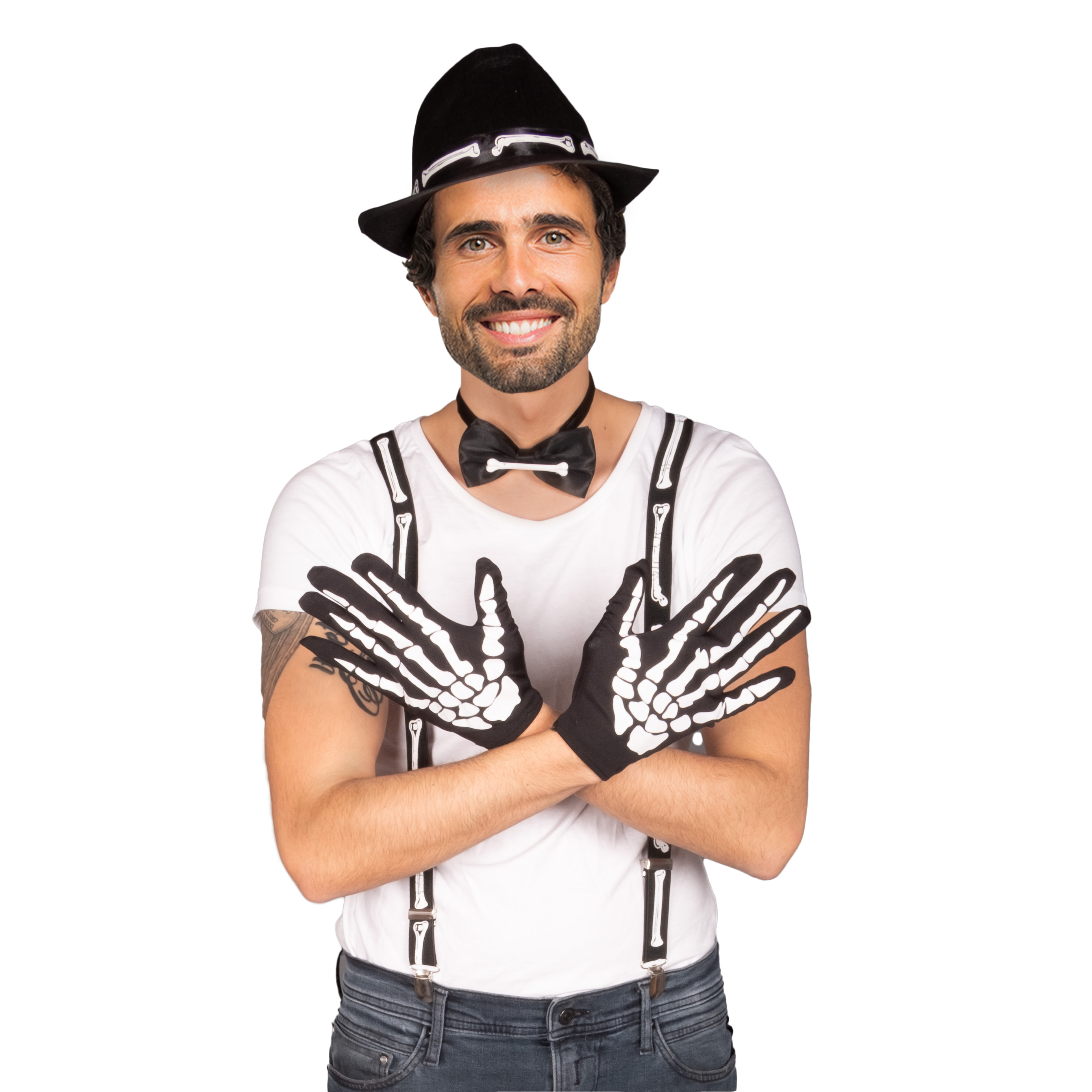 Knochen Set - Hosenträger, Handschuhe, Fliege