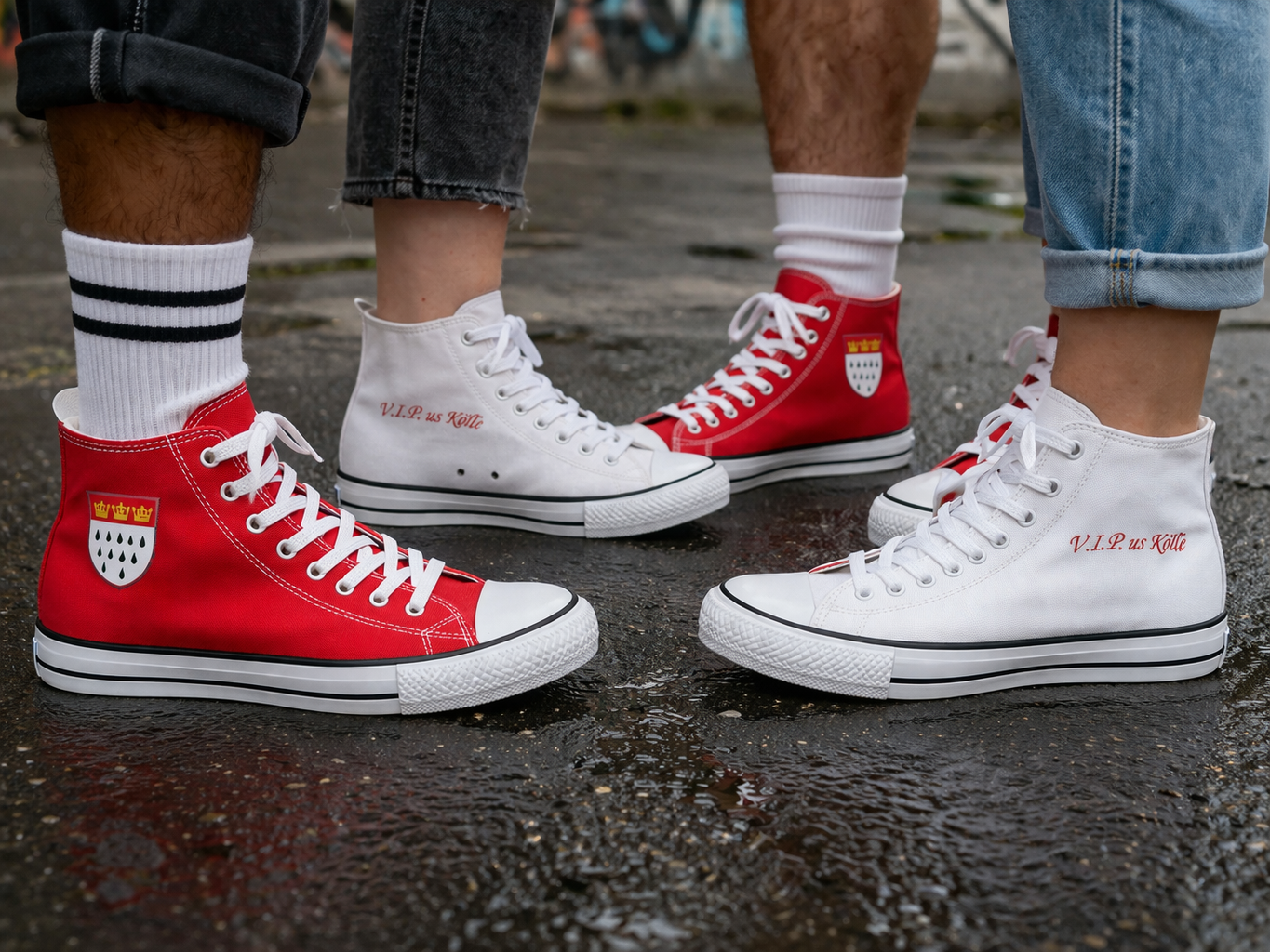 Köln Sneaker High Top Damen & Herren | Freizeitschuhe mit Köln Wappen & V.I.P. us Kölle | Leinen Sneaker in Weiß oder Rot | Größen 36–46