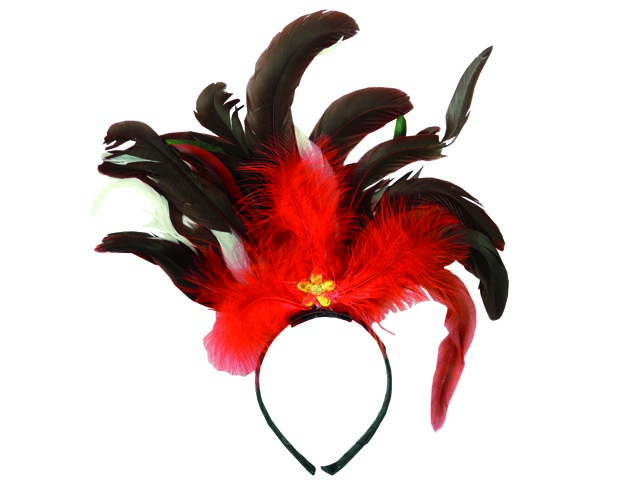 Haarreif Kopfschmuck mit Feder, rot-schwarz