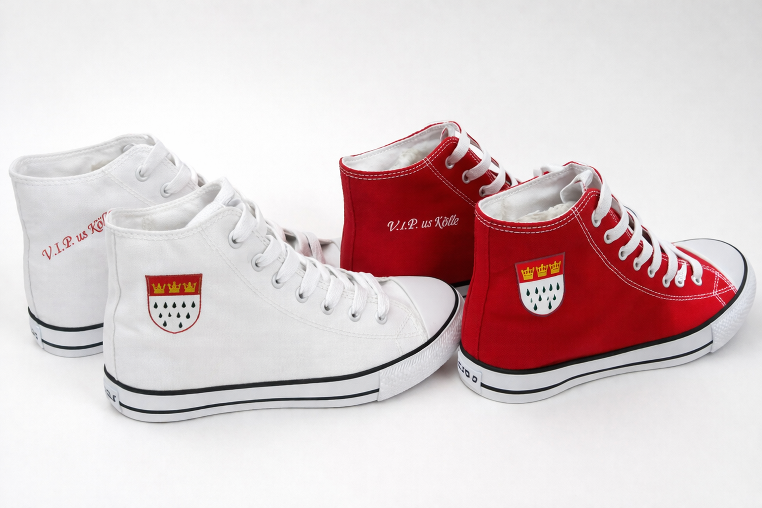 Köln Sneaker High Top Damen & Herren | Freizeitschuhe mit Köln Wappen & V.I.P. us Kölle | Leinen Sneaker in Weiß oder Rot | Größen 36–46