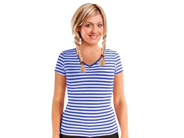 Ringelshirt tailliert kurzarm V-Neck Stretch blau-weiß