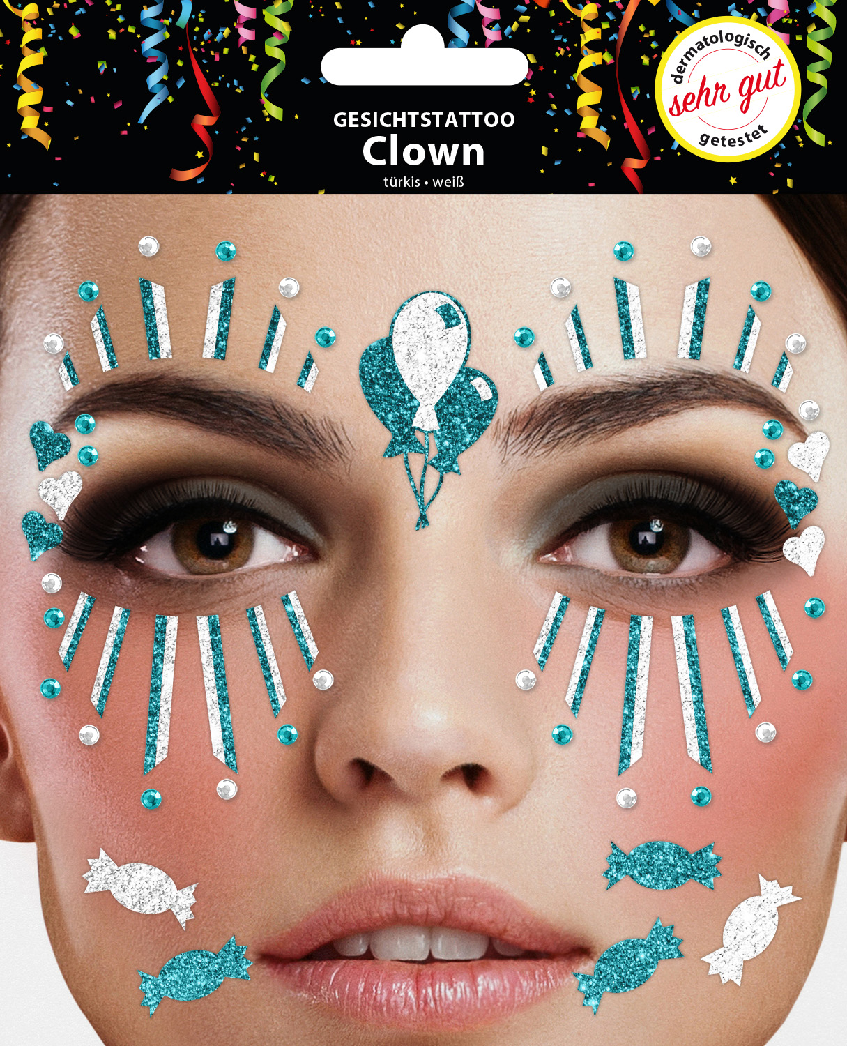 Gesichts-Tattoo Clown türkis weiß