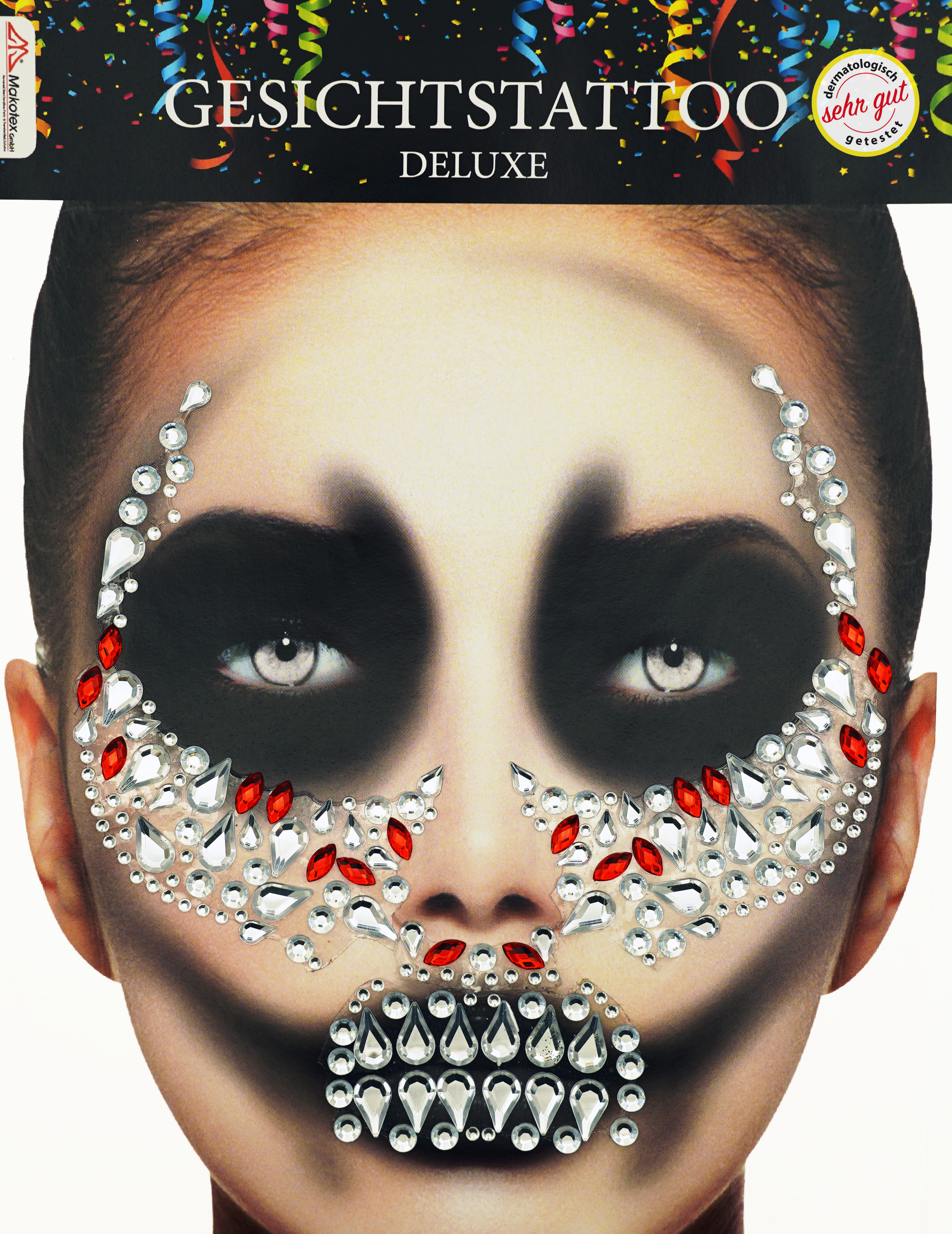 Strass Gesichtstattoo - Rot/Silber Glitzer Aufkleber Klebetattoos Glitter Face Tattoo Motto Party Karneval Halloween