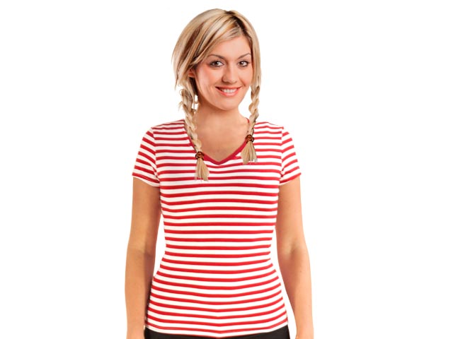 Ringelshirt Damen kurzarm V-Neck Stretch rot-weiß