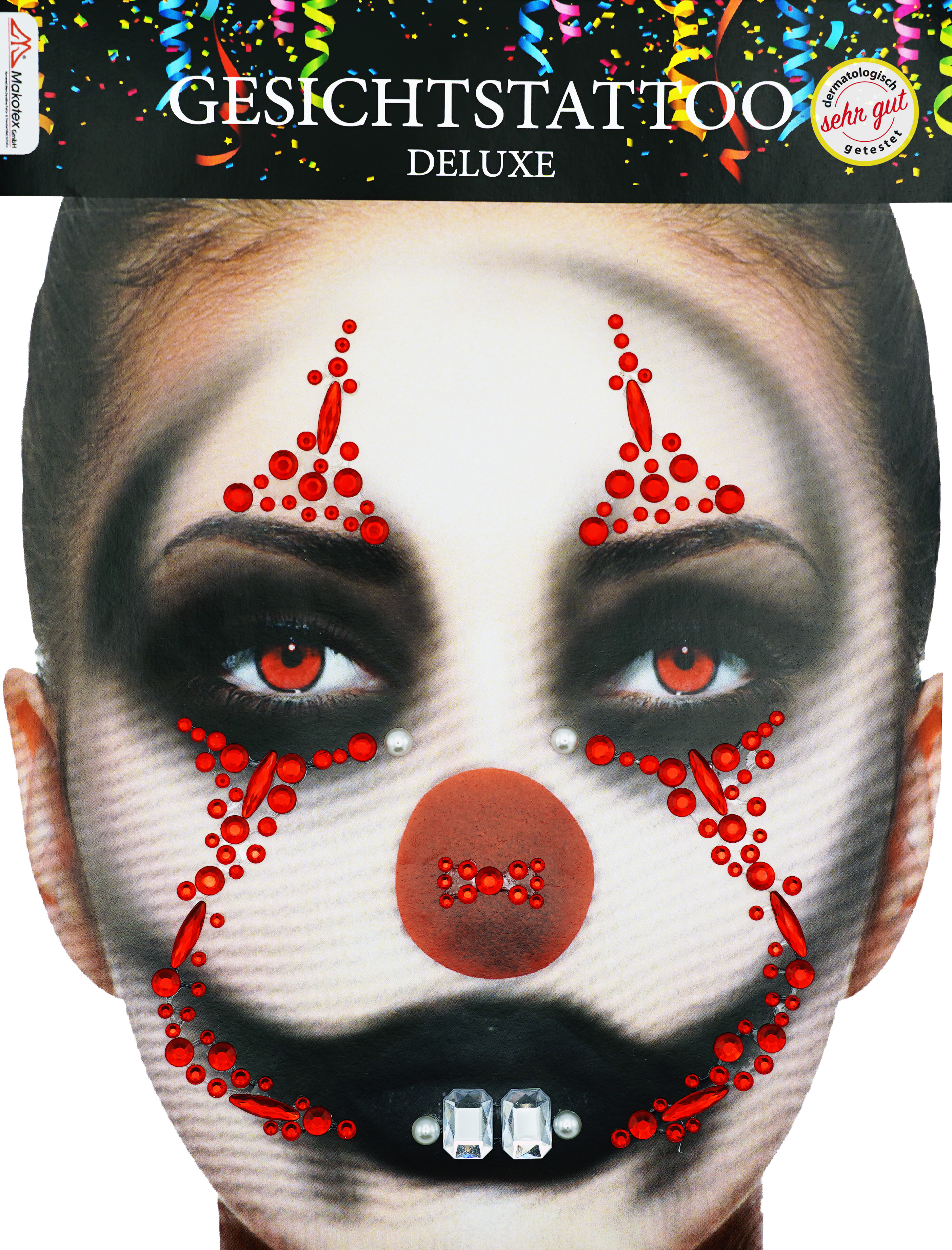 Strass Gesichtstattoo - Killerclown Glitzer Aufkleber Klebetattoos Glitter Face Tattoo Motto Party Karneval Halloween
