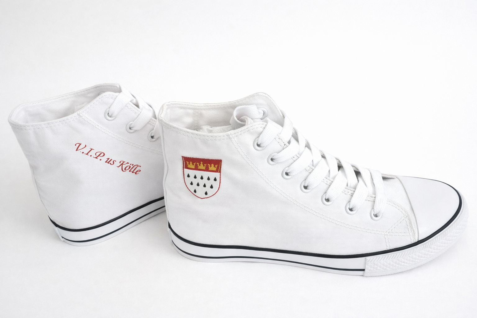 Köln Sneaker High Top Damen & Herren | Freizeitschuhe mit Köln Wappen & V.I.P. us Kölle | Leinen Sneaker in Weiß oder Rot | Größen 36–46