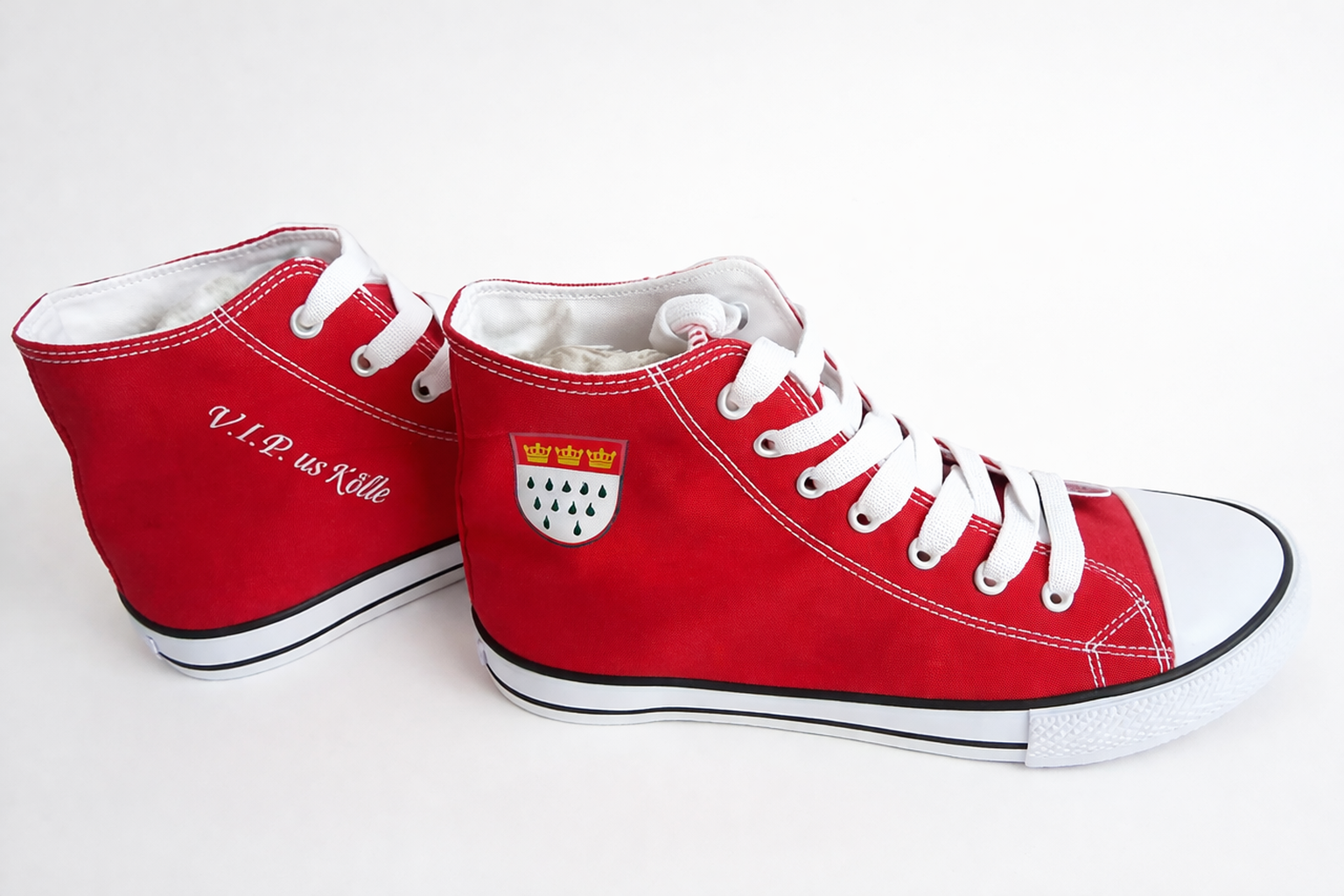 Köln Sneaker High Top Damen & Herren | Freizeitschuhe mit Köln Wappen & V.I.P. us Kölle | Leinen Sneaker in Weiß oder Rot | Größen 36–46