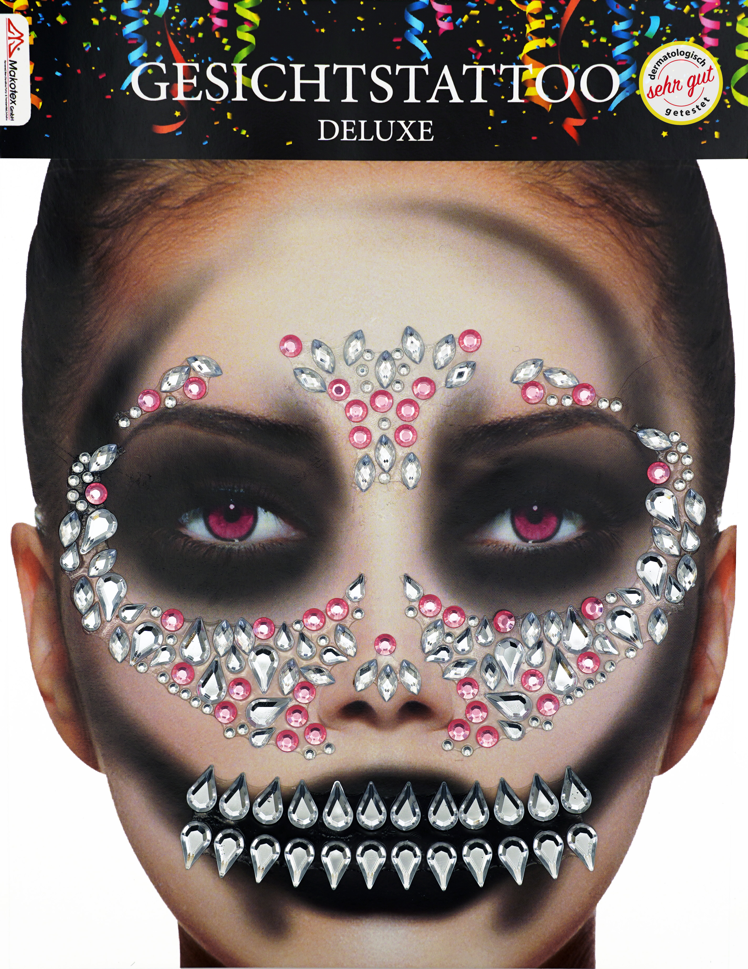 Strass Gesichtstattoo - Skellet Pink Glitzer Aufkleber Klebetattoos Glitter Face Tattoo Motto Party Karneval Halloween