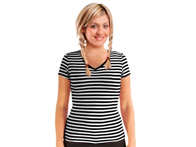 Ringelshirt Damen kurzarm V-Neck Stretch schwarz-weiß